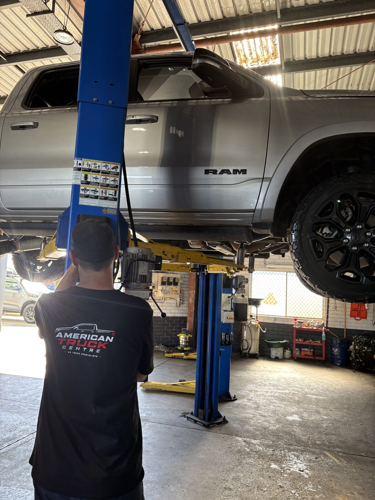 RAM 1500 on the hoist at the American Truck Centre workshop in Caloundra