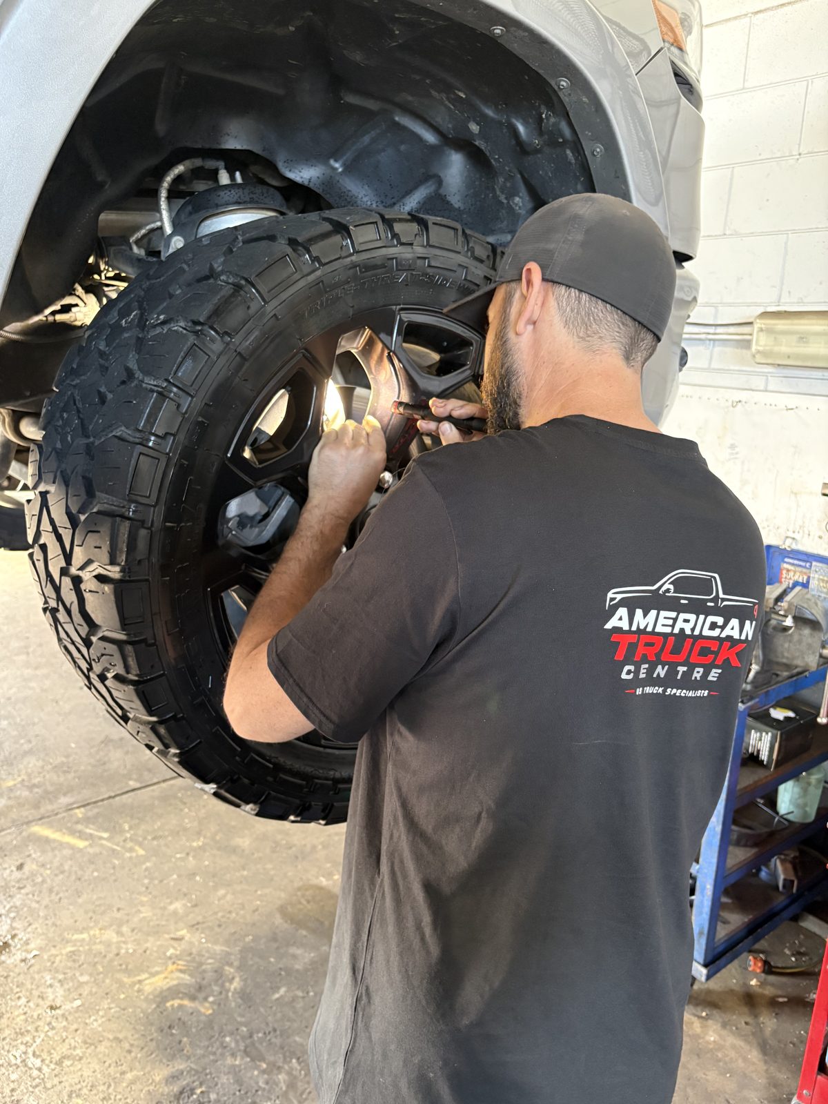 Wheel off a RAM pickup for a brake and suspension inspection