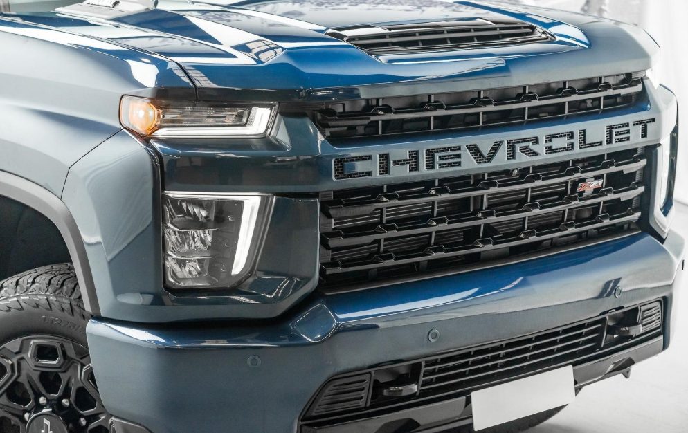 Blue Chevrolet Silverado HD front three-quarter view