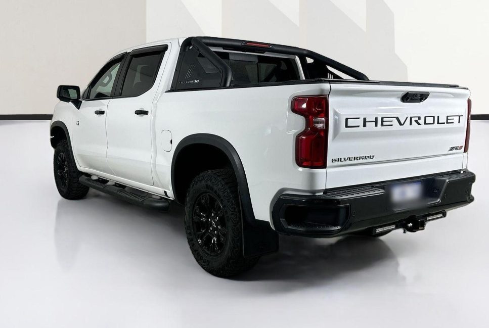 White Chevrolet Silverado ZR2 rear three-quarter view